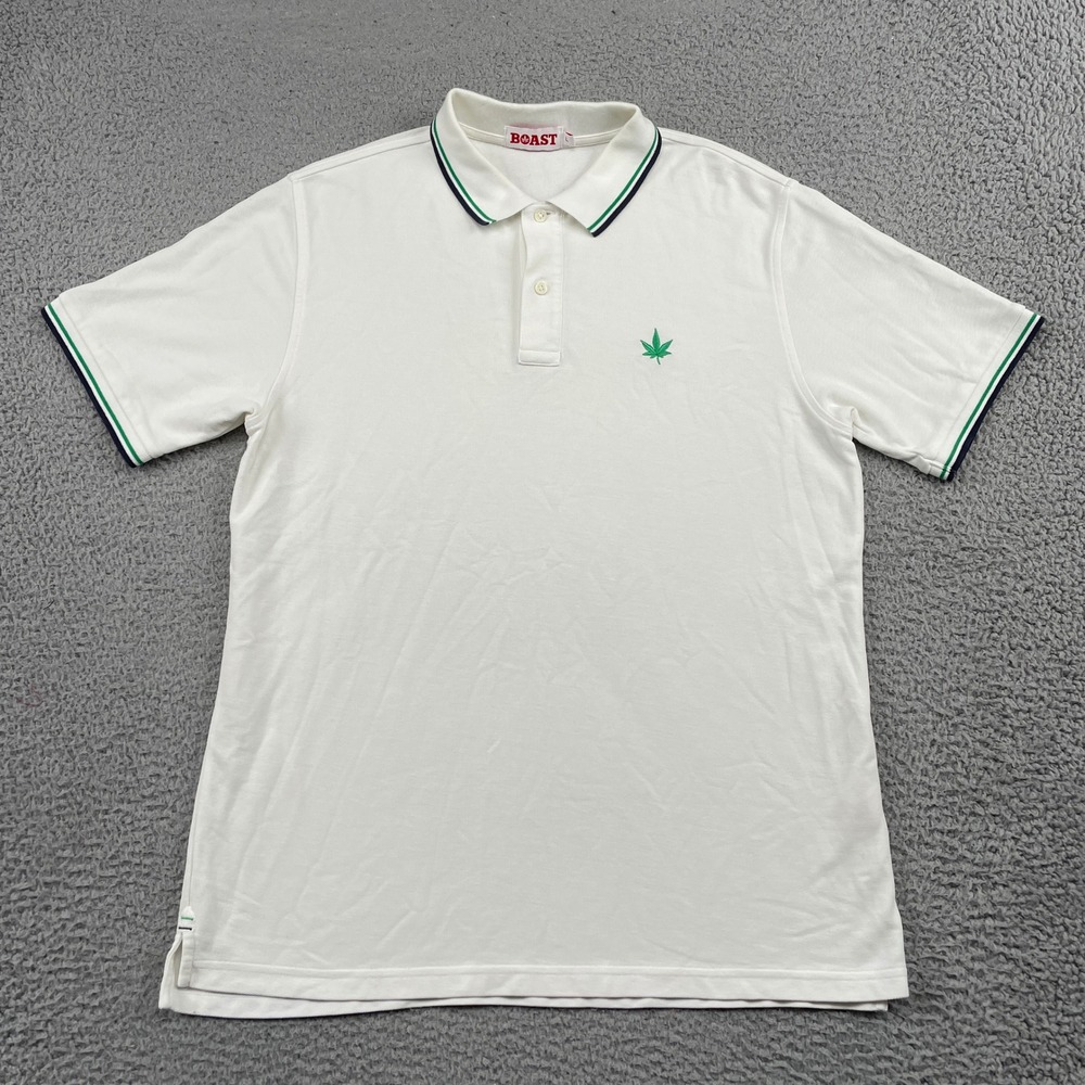Boast Polo Shirt Mens Large White Pima Cotton Tipped Short Sleeve Leaf Logo